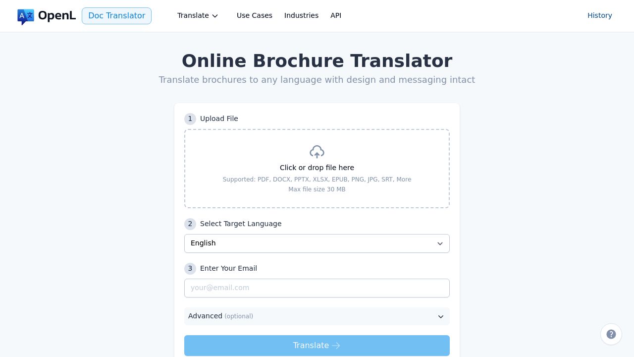 OpenL Doc Translator brochure translation interface