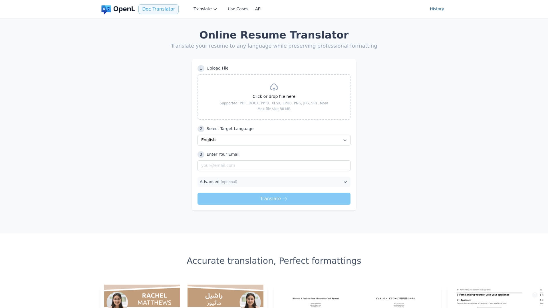 OpenL Doc Translator interface de CV