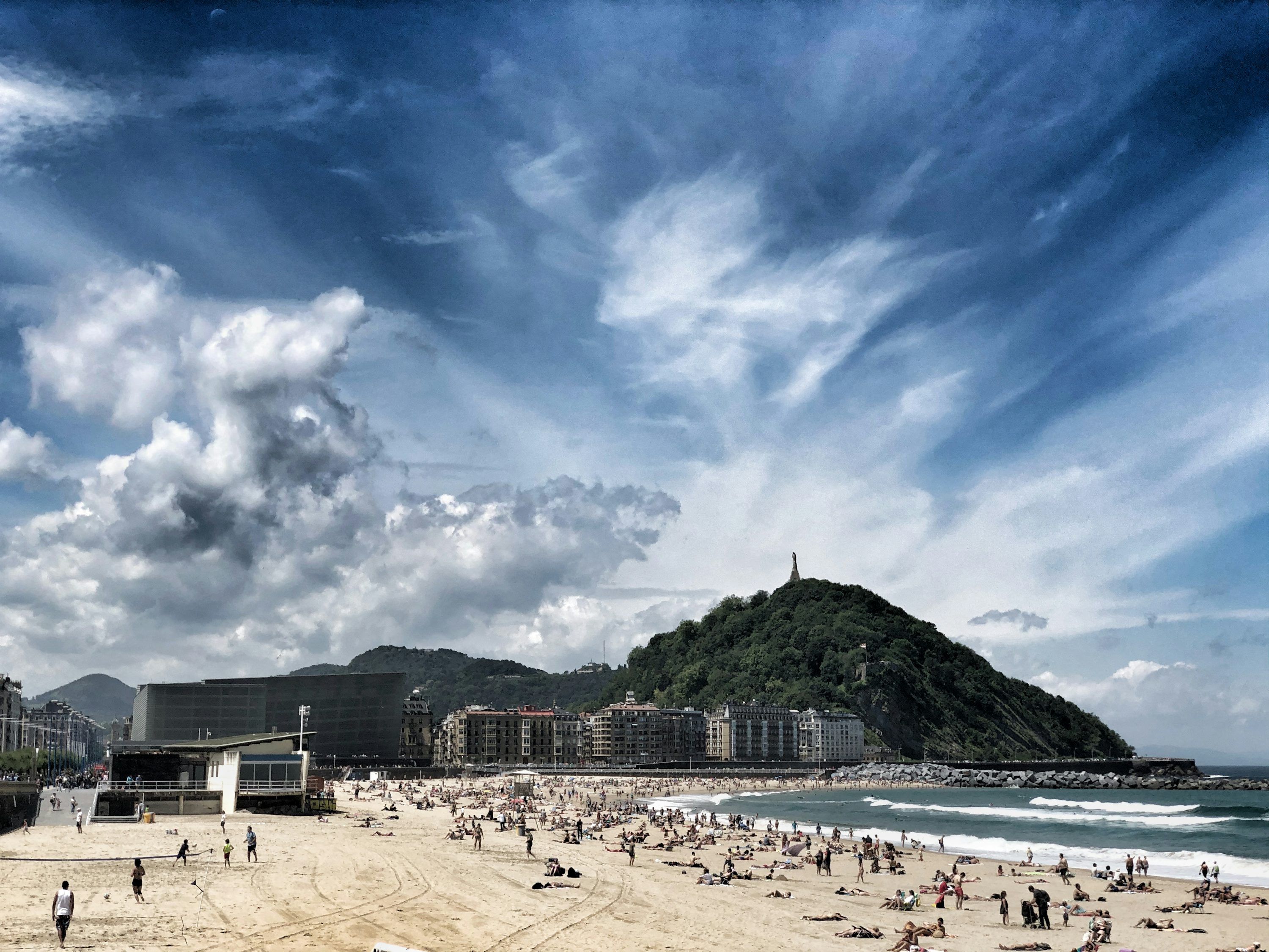 Zurriola Beach and Monte Urgull in San Sebastian, one of the best-known urban landscapes in the Basque Country