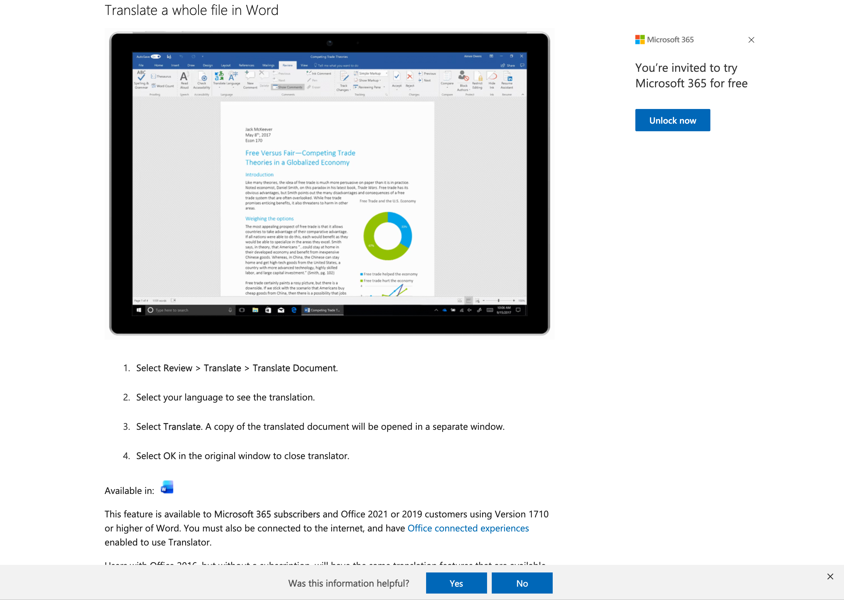 Microsoft Word translation support page