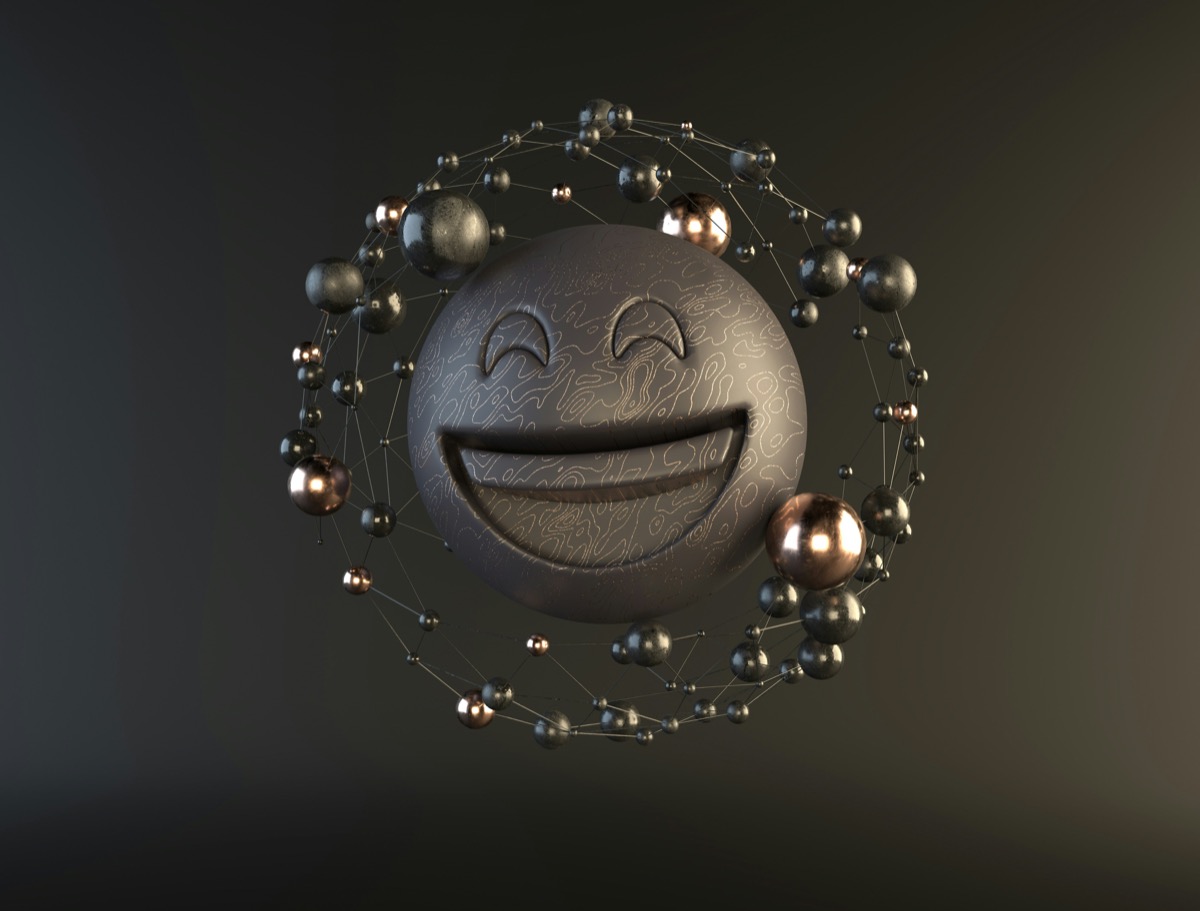 A stylized 3D emoji face surrounded by abstract elements
