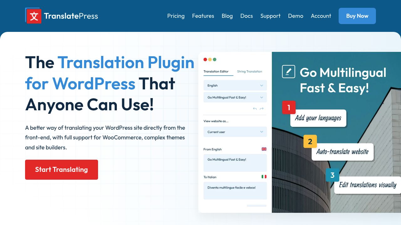 TranslatePress front-end visual translation interface