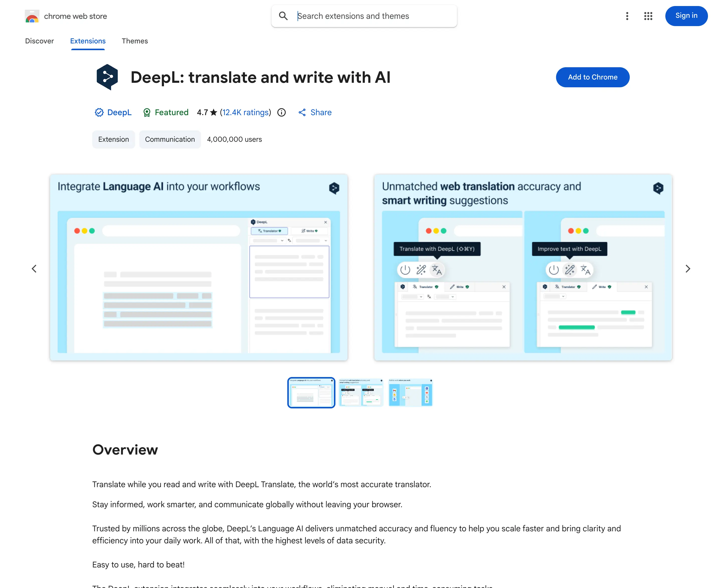 DeepL Chrome Web Store listing in English
