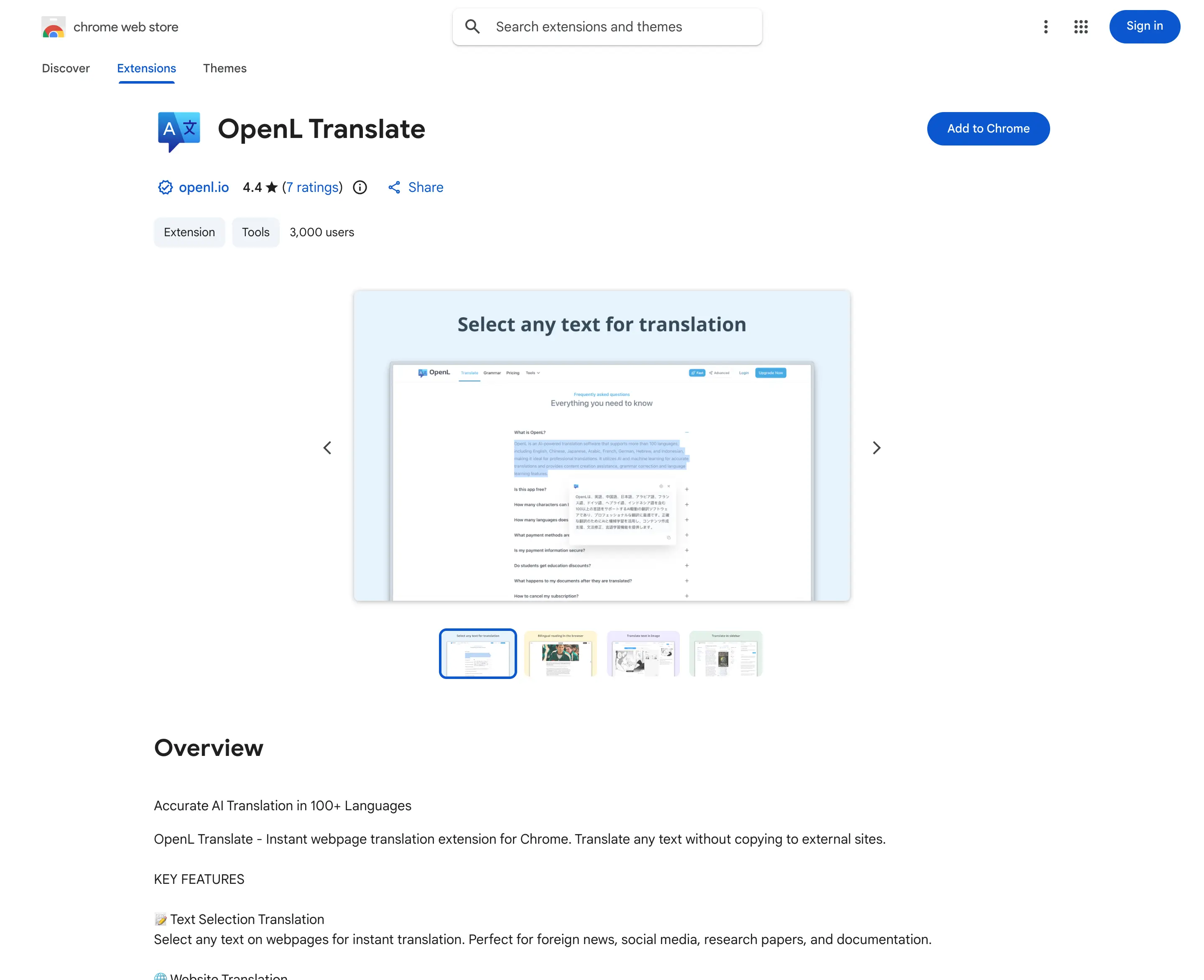 OpenL Translate Chrome Web Store listing in English