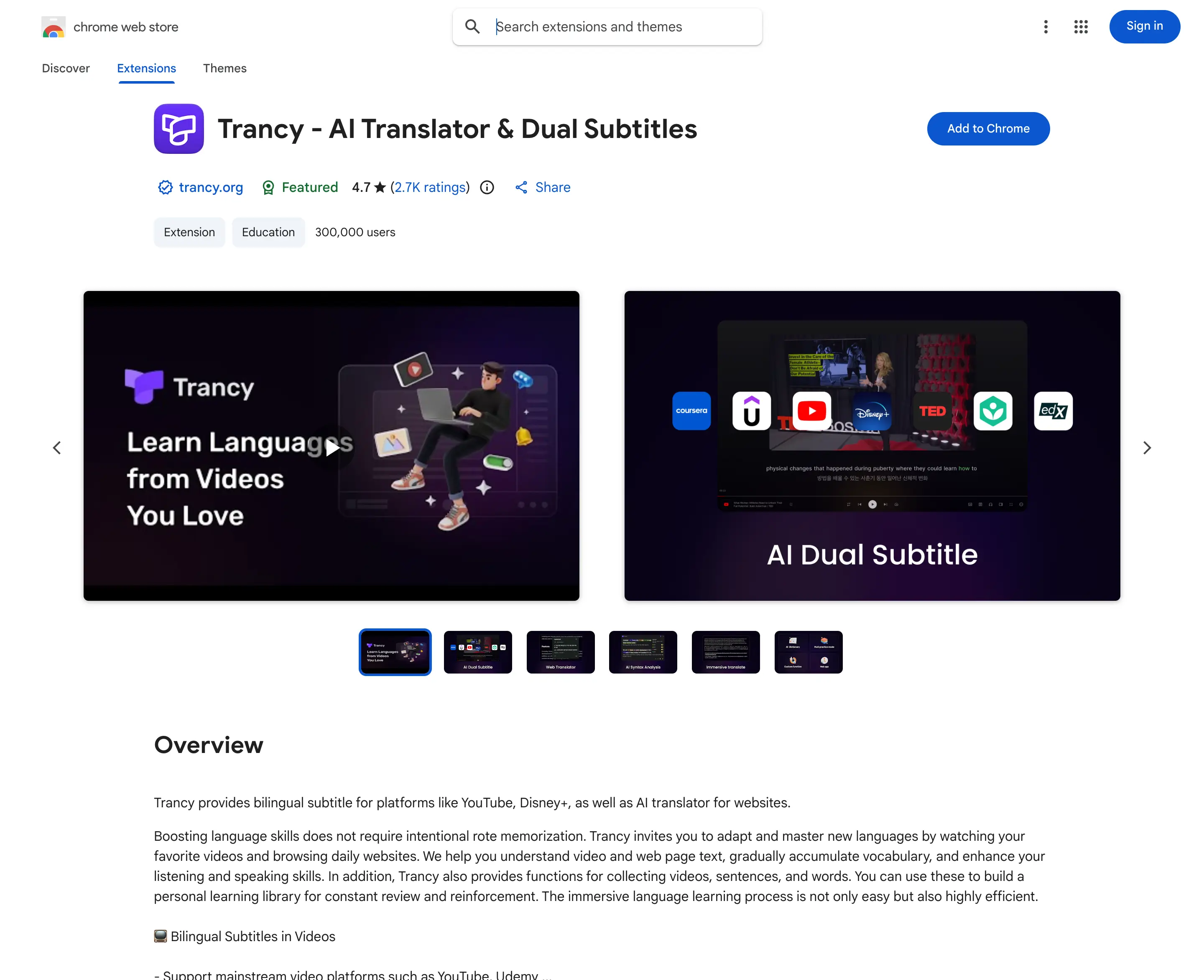 Trancy Chrome Web Store listing in English