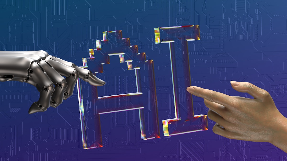 Robot and human hands reaching toward AI text