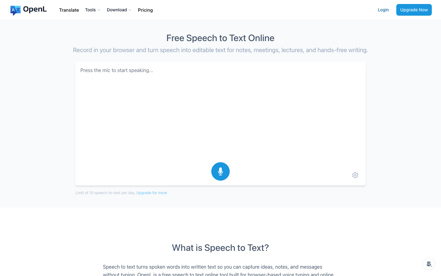OpenL Speech-to-Text website