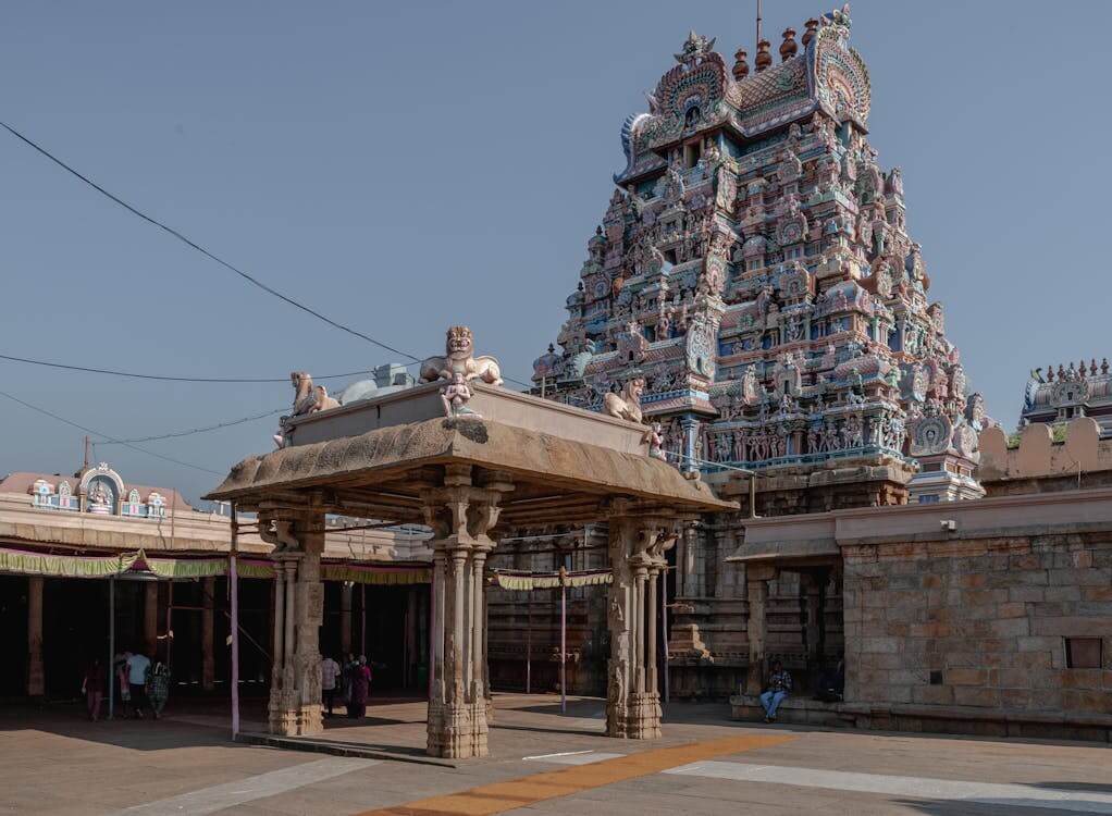 Detail of Dravidian temple architecture in Tamil Nadu, India