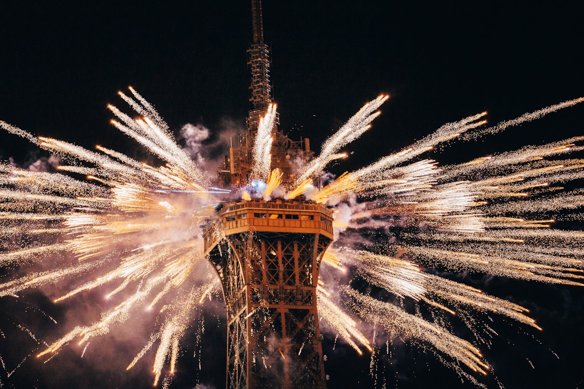 Fireworks around the Eiffel Tower in Paris
