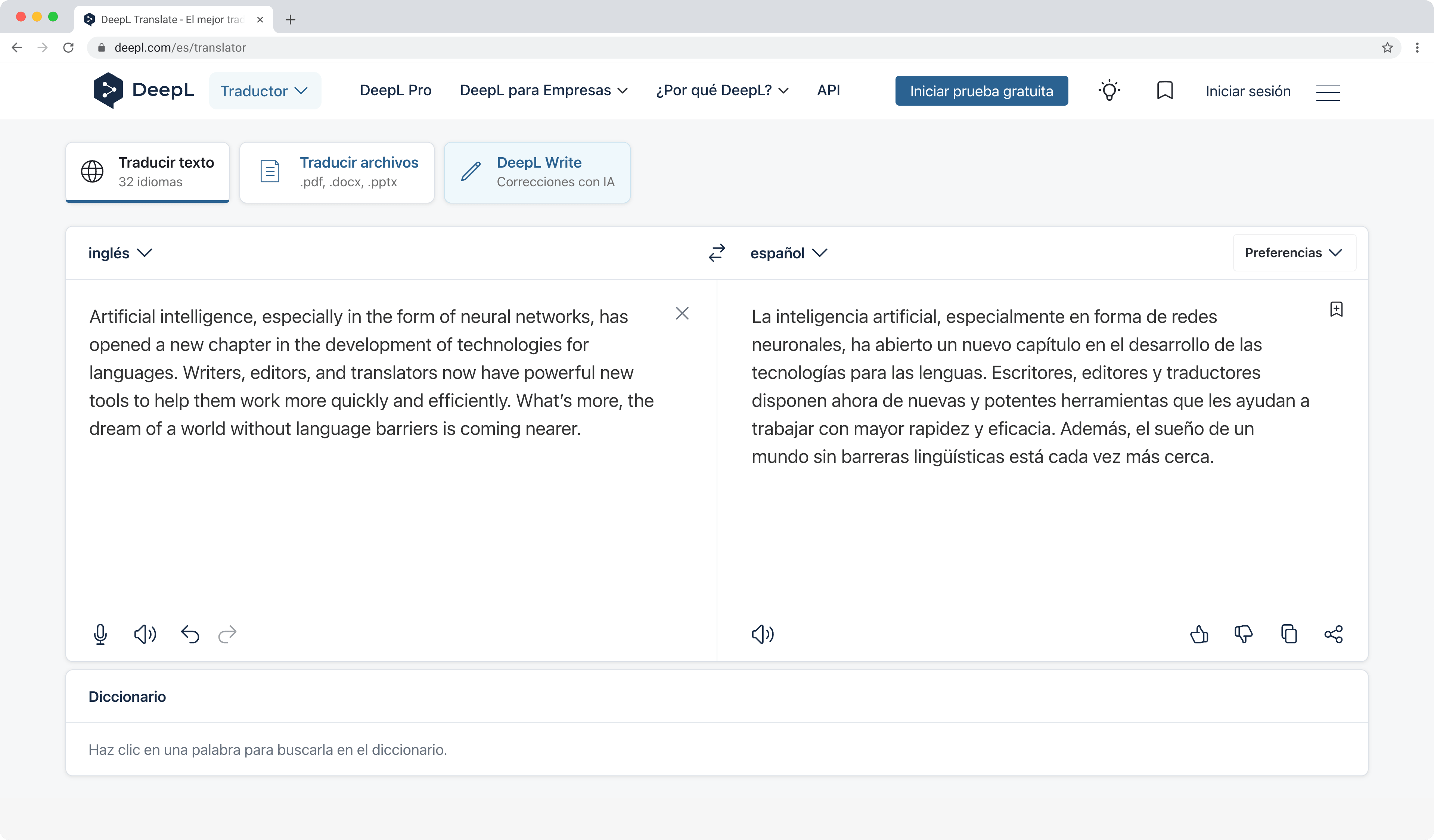 DeepL translator interface showing English to Spanish translation