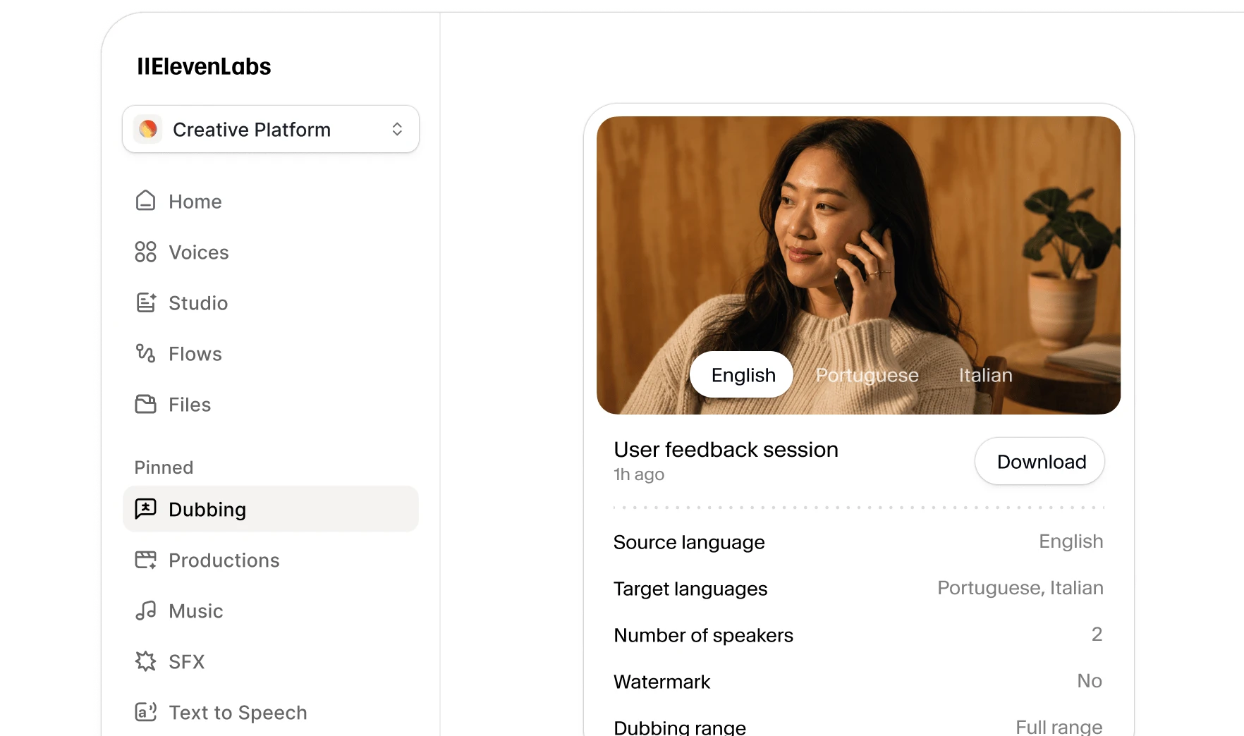 ElevenLabs Dubbing Studio interface for translating and dubbing audio with voice cloning