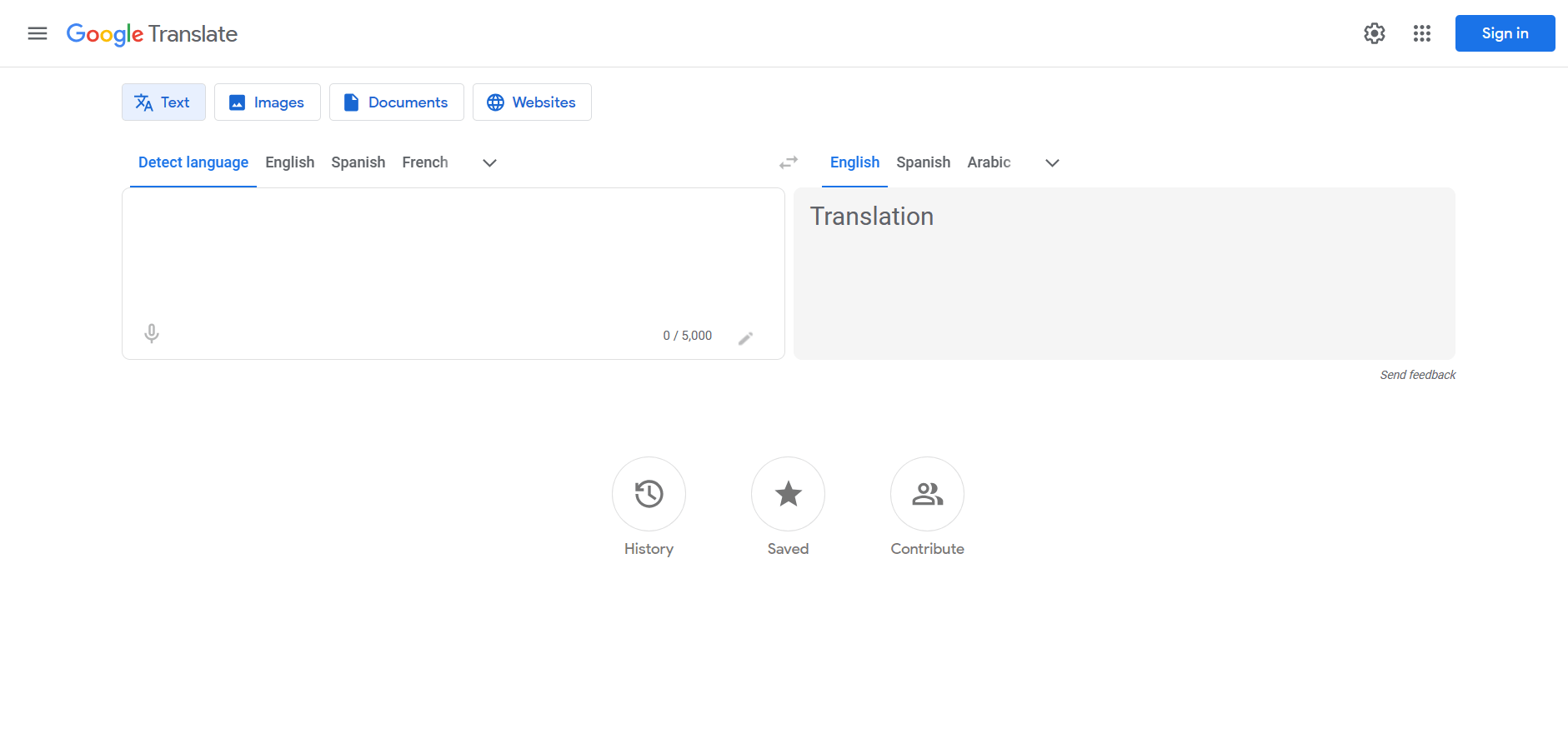 Google Translate web interface showing translation between languages