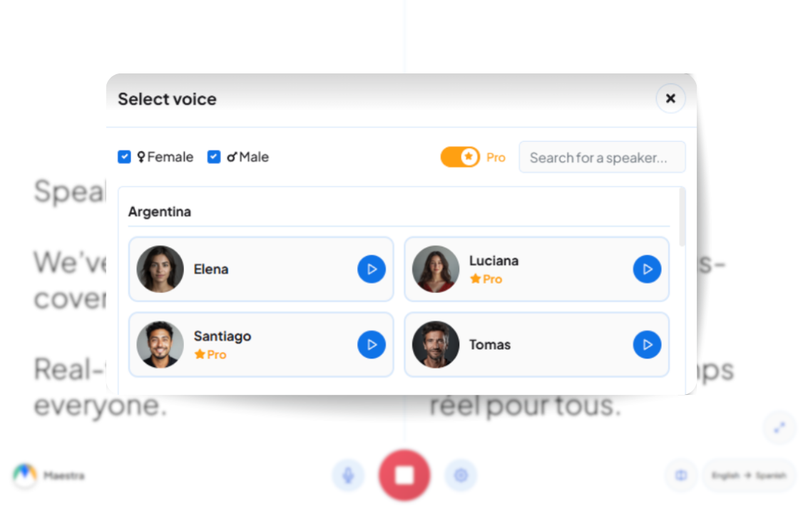 Maestra audio translation interface showing live voice translation on laptop and phone