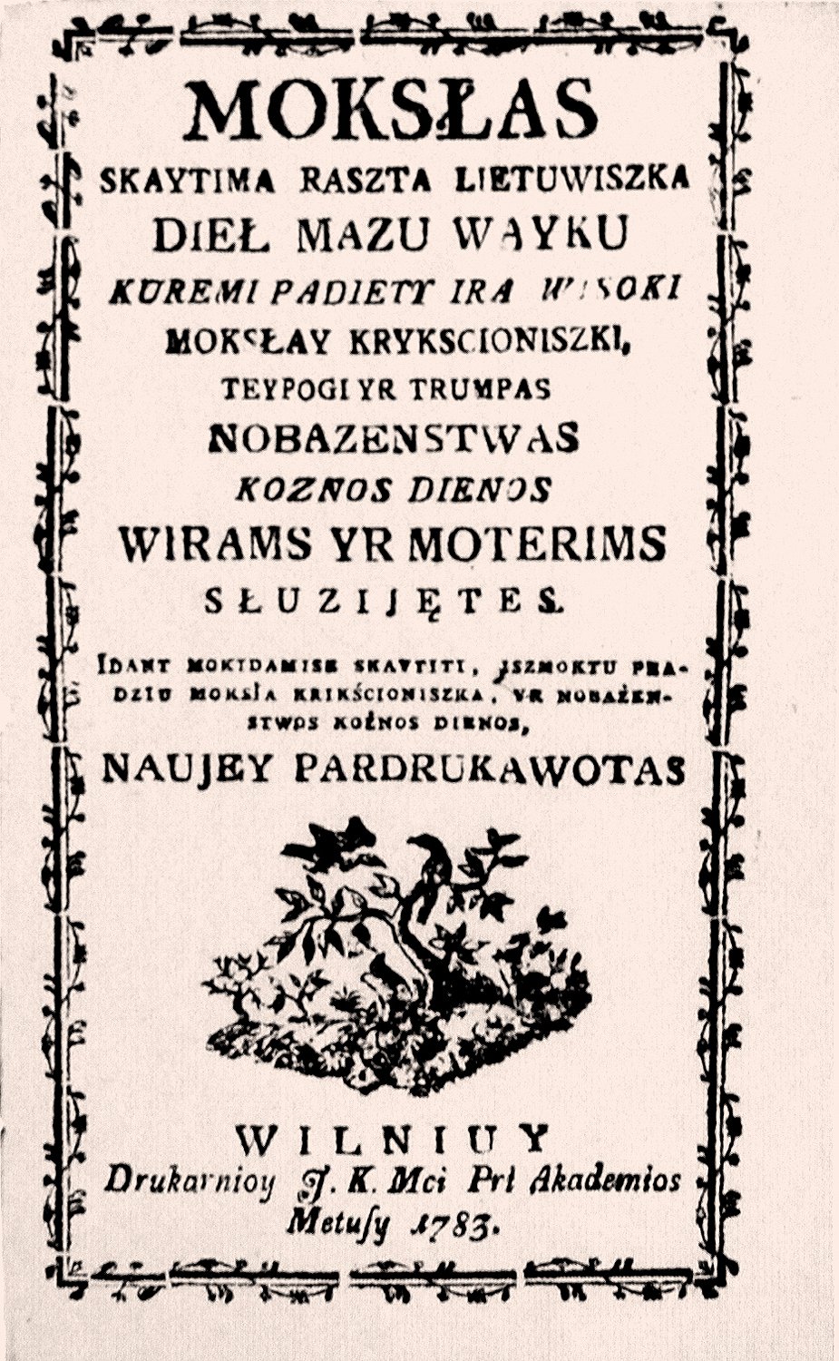1783 Lithuanian primer Mokslas skaitymo rašto lietuviško, printed in Vilnius — public domain, via Wikimedia Commons
